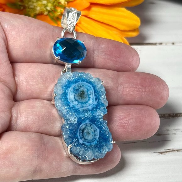 Solar Agate Blue Topaz Pendant Handmade Gemstone Crystal 925 Silver Long New! - Picture 5 of 9